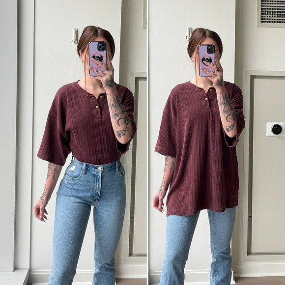 y2k Basic Equipment Brown Ribbed Knit Henley Short-Sleeve | 2X - Picture 3 of 8